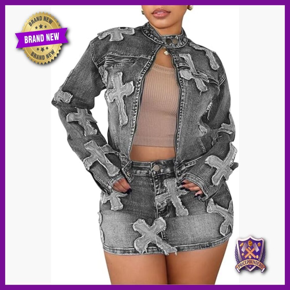 Long Sleeve Denim Jacket Mini Skirt Set Size Small Cotton Blend Y2K
